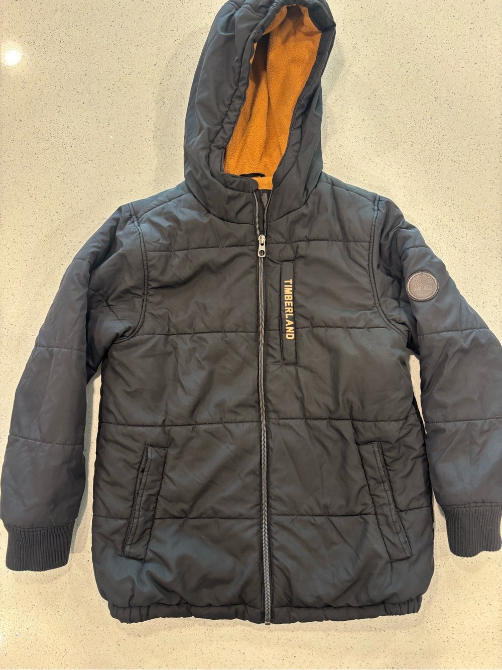 Timberland Boys' Insulated Puffer Hooded Jacket in Black with Tan Lining M 10/12